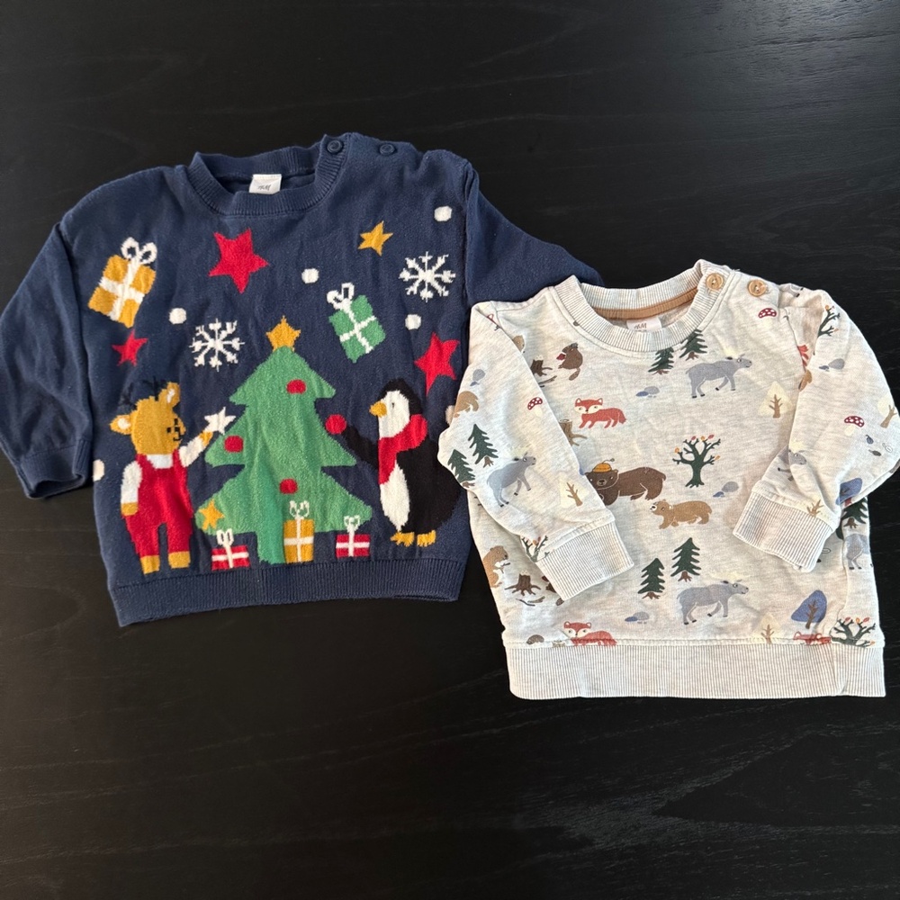 Bundle of 2 Toddler Sweaters (H&M) – brown sweater  Size 9m, navy-blue size 12M